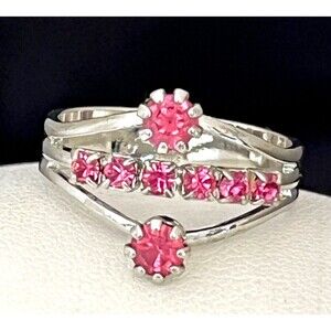 Vintage Ring Silver Tone Prong Set Pink Crystal Rhinestones MCM Costume 4K
